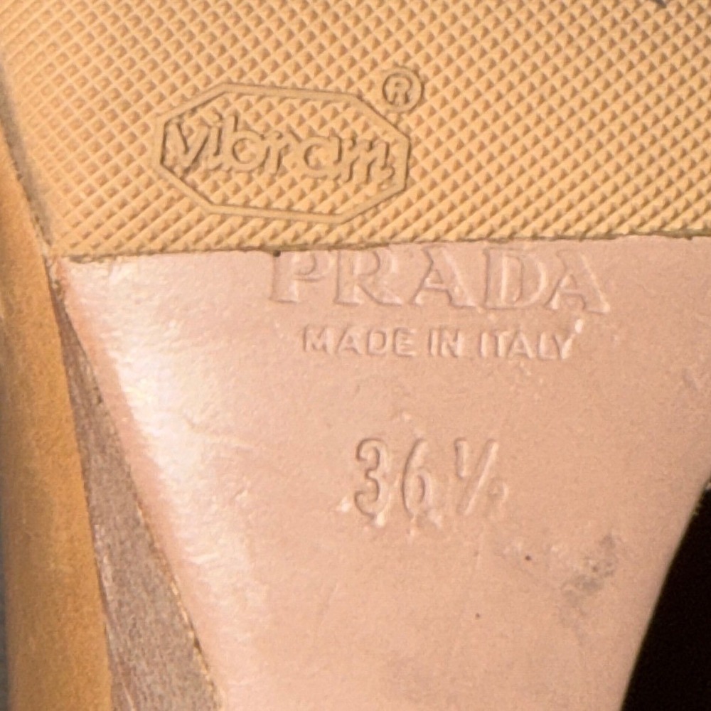 Prada Milano Women's Size 36.5 Tan Leather Peep Toe Wedge Heels Made in Italy - Picture 6 of 8